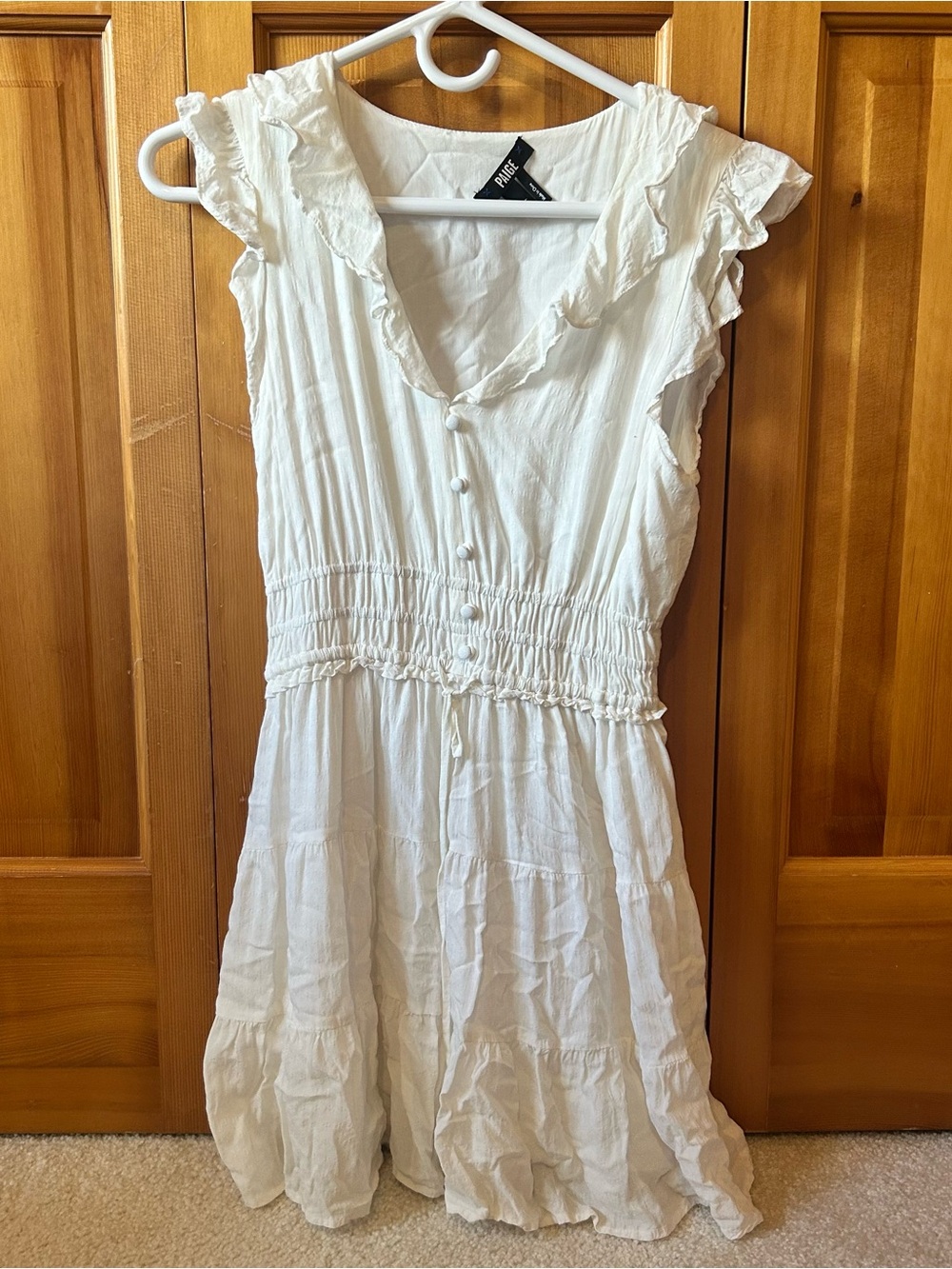 PAIGE White Ruffle V‑Neck Smocked Midi Dress